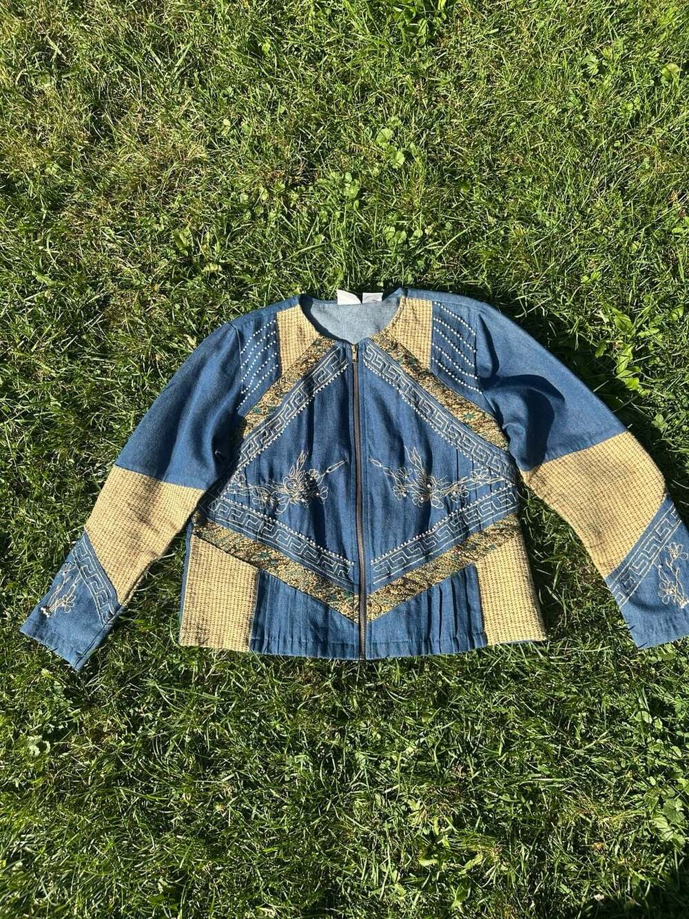 Blair Boutique Vintage Denim Jacquard Patchwork Jacket with Floral Embroidery an